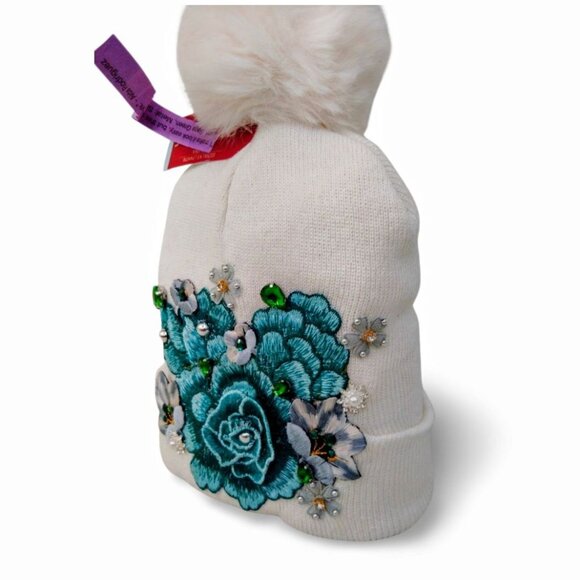 Vibrate Jewel Tone Floral Embroidered Off White Pearl Accent Knit Beanie  TT1521 - Picture 2 of 5